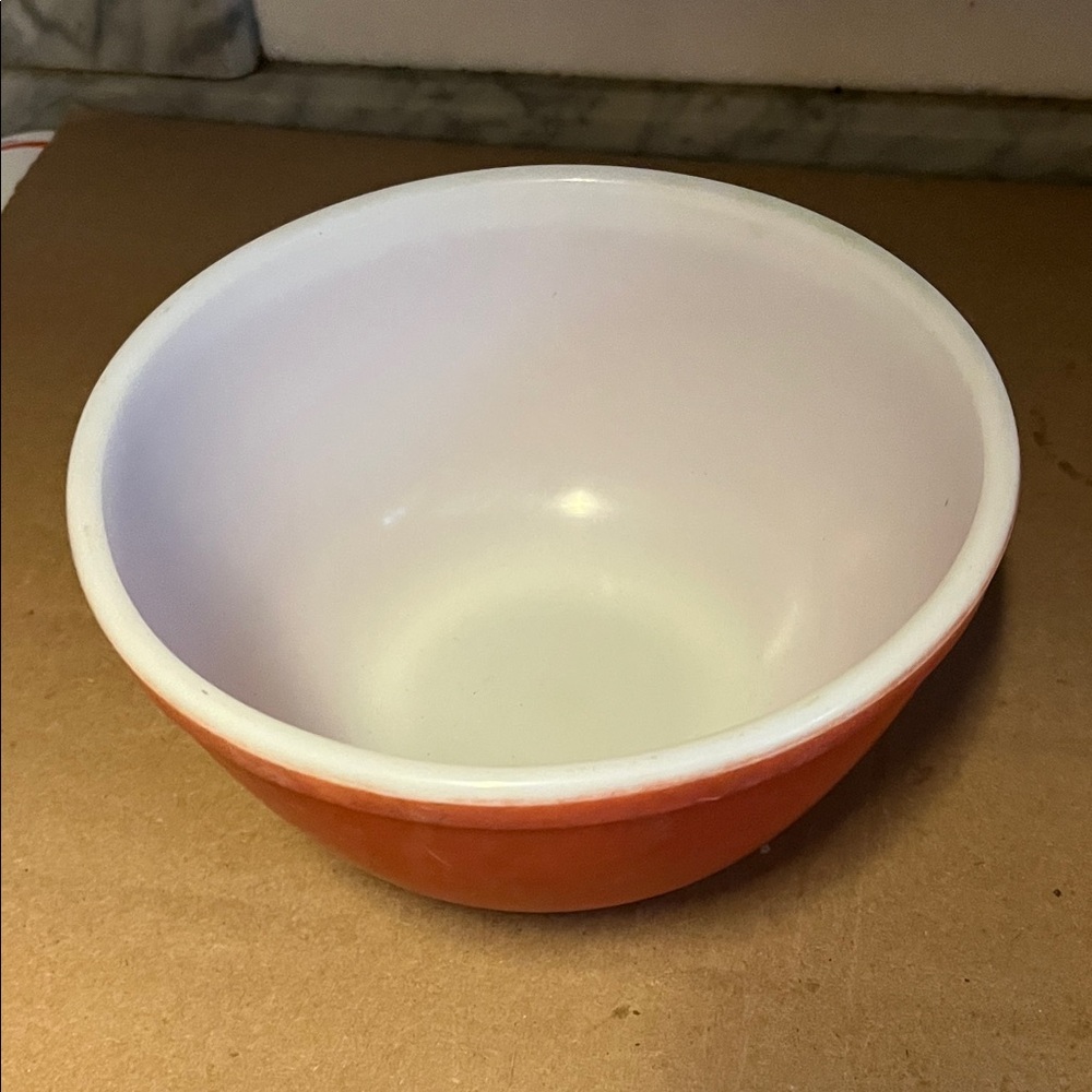 Orange and White Bowl Pyrex as found